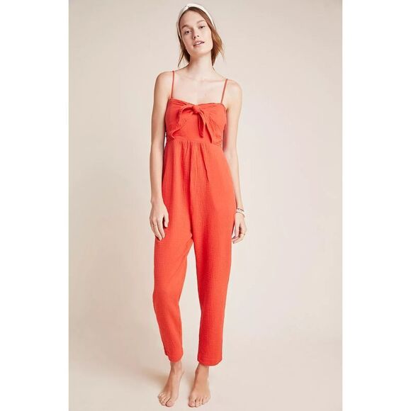 ANTHROPOLOGIE Saturday Sunday Red Orange Gauzy Isabel Tie Front Jumpsuit Medium - Picture 1 of 9